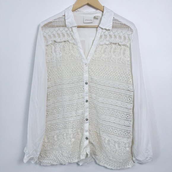 Chicos Crochet Lace Top Size 3 (XL) Cream Sheer Roll Tab Sleeves Casual Boho - Picture 1 of 7